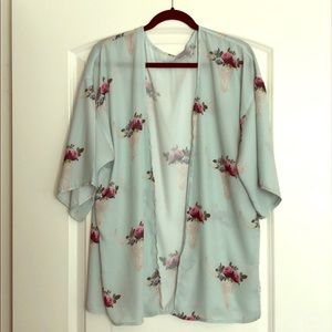 Mint Skull with Flower Crown Print Kimono